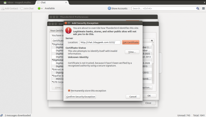 Security exception. Thunderbird XMPP настройка. Thunderbird удалить XMPP профиль. XMPP Group chat Python