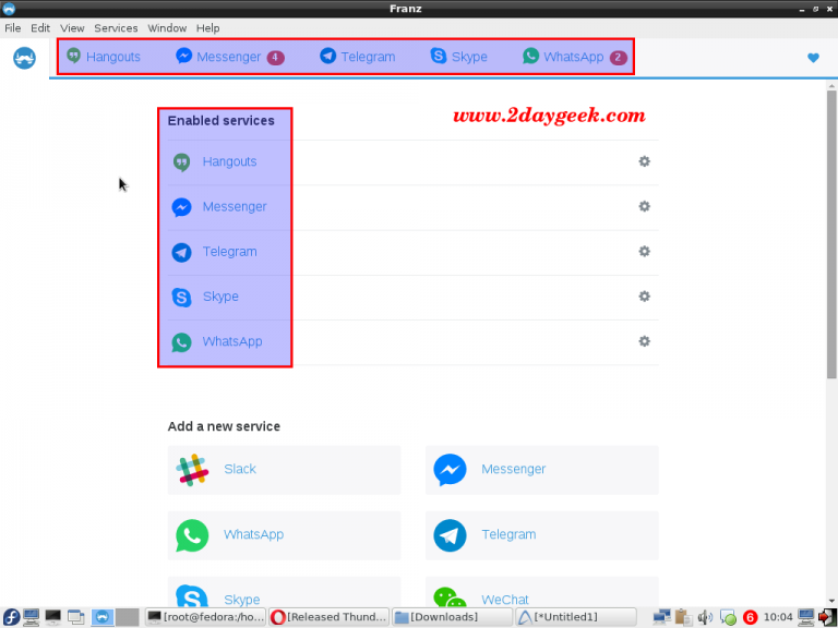 Franz One application for 14 messenger services (WhatsApp, Telegram