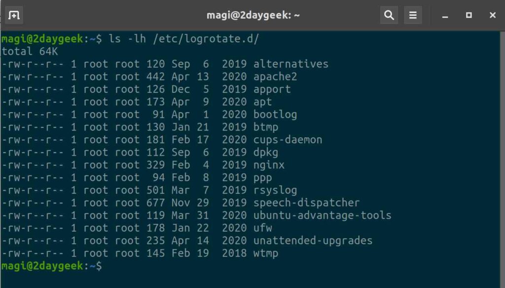 Viewing the contents of the logrotate.d directory