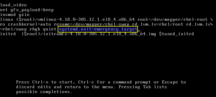 Adding 'systemd.unit=emergency.target' as a kernel parameter