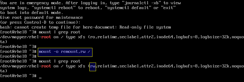 Remount root partition as Read and Write in the Emergency Mode