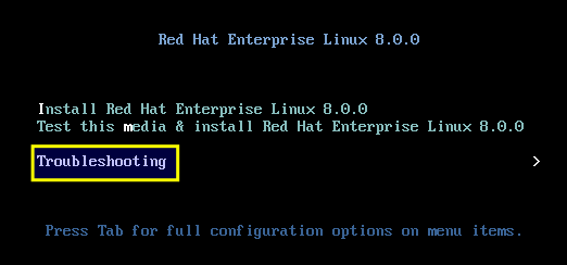 Red Hat Enterprise Linux 8 Troubleshooting Menu