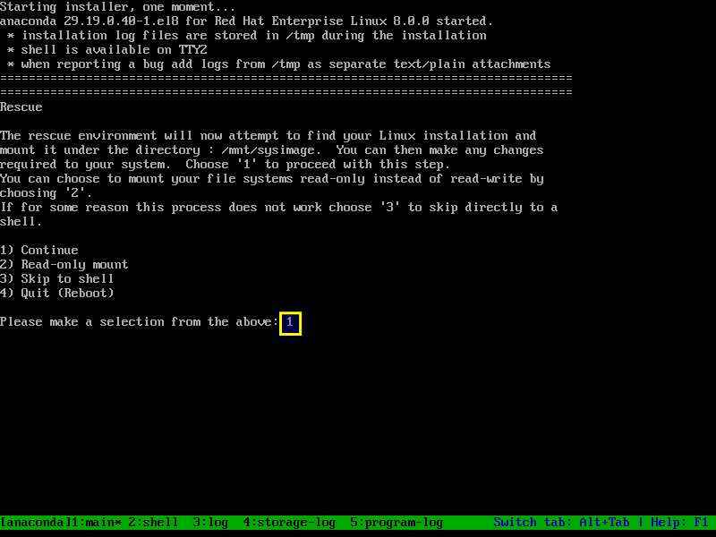 Mount the RHEL 8 root partition under /mnt/sysimage directory using Rescue Mode from installation DVD/ISO