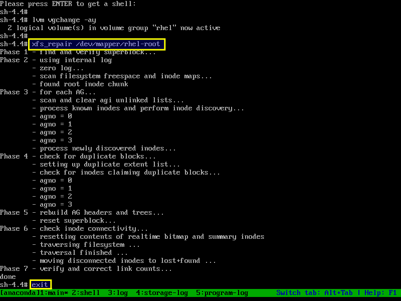 Repairing an XFS file system with xfs_repair in rescue mode