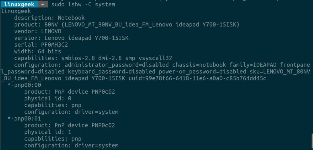 lshw command to check hardware information in Linux